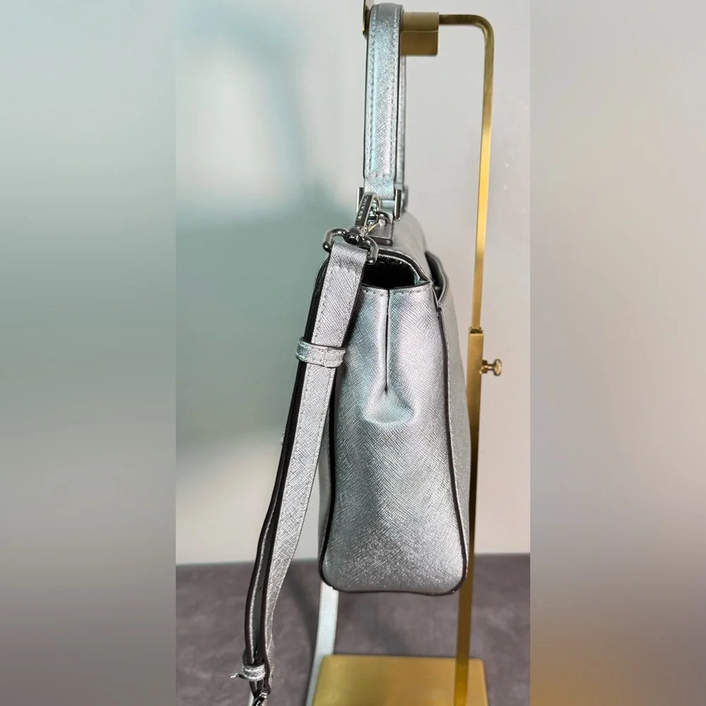 Michael Kors satchel crossbody Saffiano leather metallic silver crystal floral - Picture 5 of 16